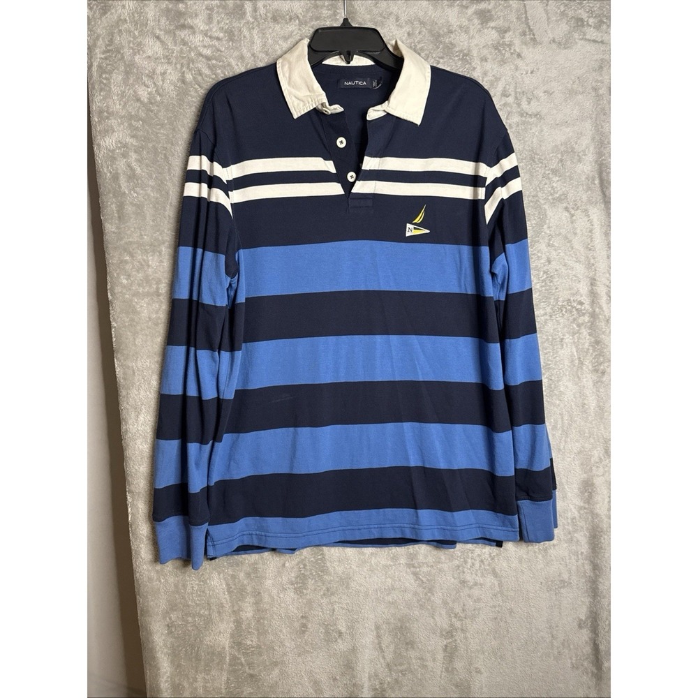 Nautica Long Sleeve Polo Shirt Blue Black Golf Stripe Preppy Men Sz Medium 22x27